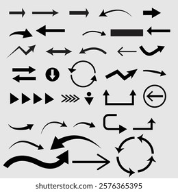 Arrow silhouette vector set, black directional icons, various arrows, abstract design, 