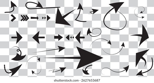 Conjunto de vetores de silhueta de seta, ícones direcionais pretos, várias setas, design abstrato, setas pretas apontando para a direita, esquerda. Conjunto de elementos de forma de seta eps 10