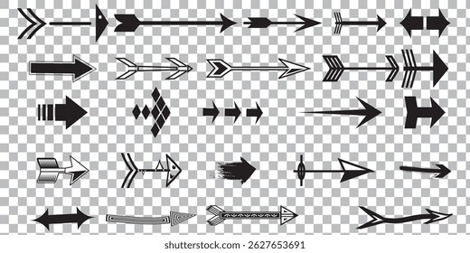 Arrow silhouette vector set, black directional icons, various arrows, abstract design, Black arrows pointing right, left. Arrow shape element set eps 10