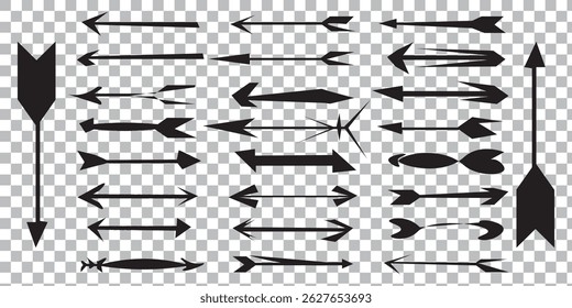 Arrow silhouette vector set, black directional icons, various arrows, abstract design, Black arrows pointing right, left. Arrow shape element set eps 10