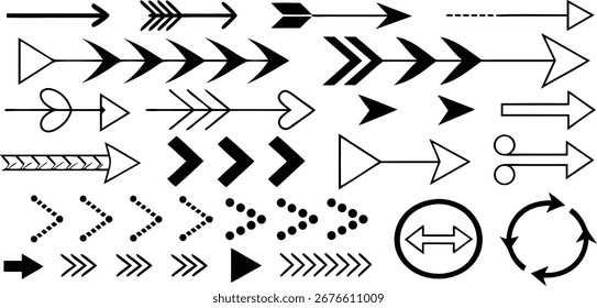 Arrow silhouette vector set, black directional icons, various arrows, abstract design, seamless pattern, navigation symbols, diverse arrow shapes