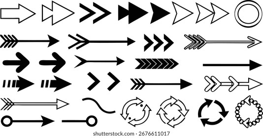 Conjunto de Vectores de silueta de flecha, iconos direccionales negros, varias flechas, diseño abstracto, patrón transparente, Formas de navegación, diversos símbolos de flecha