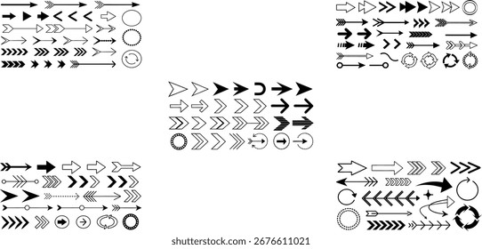 Conjunto de Vectores de silueta de flecha, iconos direccionales negros, varias flechas, diseño abstracto, patrón transparente, Formas de navegación, diversos símbolos de flecha