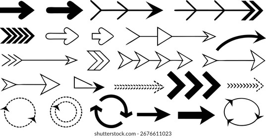 Conjunto de Vectores de silueta de flecha, iconos direccionales negros, varias flechas, diseño abstracto, patrón transparente, Formas de navegación, diversos símbolos de flecha