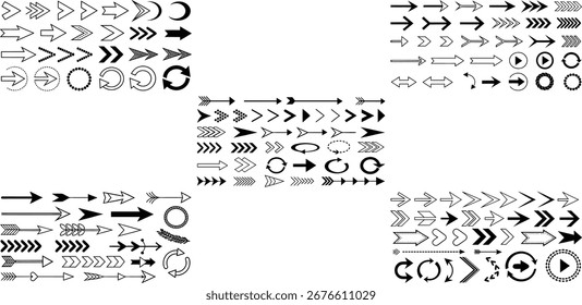 Conjunto de vetor de silhueta de seta, ícones direcionais pretos, várias setas, design abstrato, padrão sem costura, símbolos de navegação, diversas formas de seta