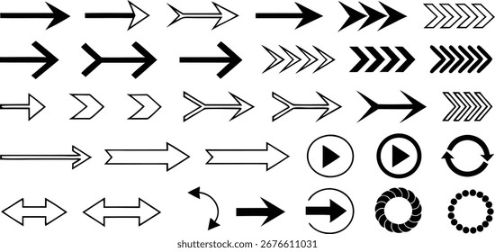 Conjunto de vetor de silhueta de seta, ícones direcionais pretos, várias setas, design abstrato, padrão sem costura, símbolos de navegação, diversas formas de seta