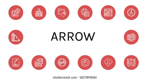 arrow simple icons set. Contains such icons as Media player, Map, Analysis, Website, Finance book, Navigator, Turn, No overtaking, Clock, can be used for web, mobile and logo