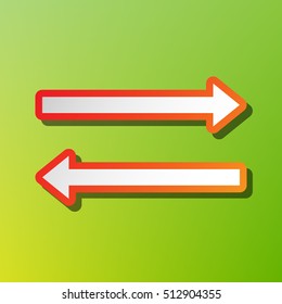 Arrow simple sign. Contrast icon with reddish stroke on green backgound.