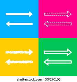 Arrow simple sign. Four styles of icon on four color squares.