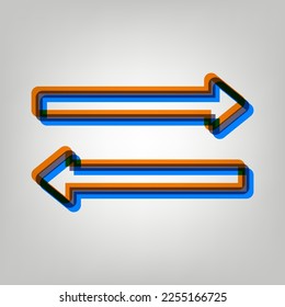 Arrow simple sign. Stroked Icon in orange, azure and old lavender Colors at gray Background. Illustration.