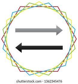 Arrow simple sign. Vector. Black icon with patch of light inside colorful hexagonal frames at white background.