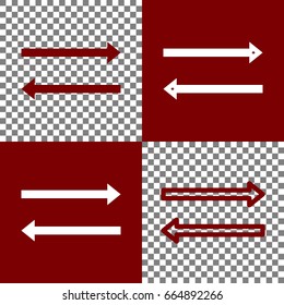 Arrow simple sign. Vector. Bordo and white icons and line icons on chess board with transparent background.