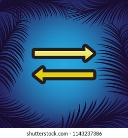 Arrow simple sign. Vector. Golden icon with black contour at blue background with branches of palm trees.
