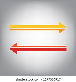 Arrow simple sign. Vector. Horizontally sliced icon with colors from sunny gradient in gray background.