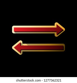 Arrow simple sign. Vector. Red icon with small black and limitless shadows at golden sticker on black background.