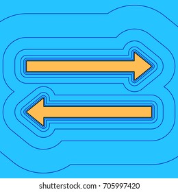 Arrow simple sign. Vector. Sand color icon with black contour and equidistant blue contours like field at sky blue background. Like waves on map - island in ocean or sea.