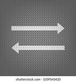 Arrow simple sign. Vector. White knitted icon on gray knitted background. Isolated.