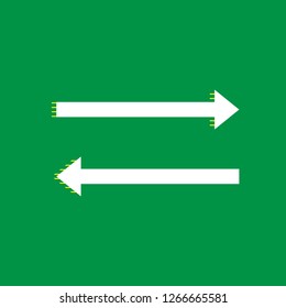 Arrow simple sign. Vector. White flat icon with yellow striped shadow at green background.