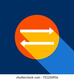Arrow simple sign. Vector. White icon on tangelo circle with infinite shadow of light at cool black background. Selective yellow and bright navy blue are produced.