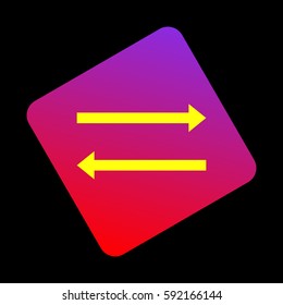 Arrow simple sign. Vector. Yellow icon at violet-red gradient square with rounded corners rotated for dynamics on black background.