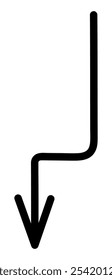 Arrow. Sketch. Black bent arrow pointing down. Vector illustration. Outline on isolated white background. Doodle style. Idea for web design.