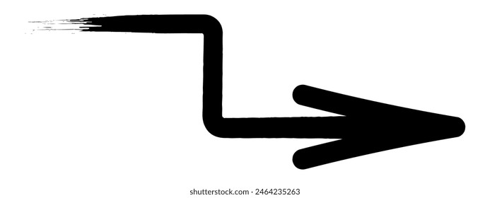 Arrow. Sketch. The black arrow is bent at a right angle and directed to the right. Hand drawn sign. Vector illustration. Directional signs made from brush strokes. Outline on isolated white background