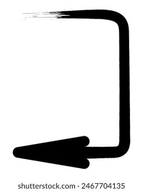 Arrow. Sketch. The black arrow is bent at a right angle down and to the left. Hand drawn sign. Vector illustration. Directional signs made from brush strokes. Outline on isolated white background. 
