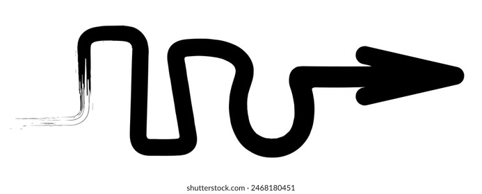 Arrow. Sketch. The black curved arrow is pointing to the right. Hand drawn sign. Vector illustration. Directional signs made from brush strokes. Outline on isolated white background. Doodle and grunge