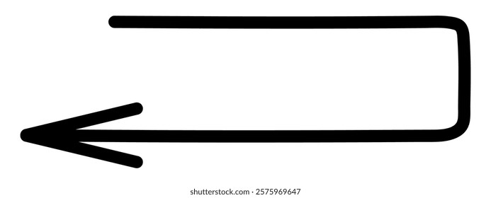 Arrow. Sketch. Black arrow in the form of an elongated rectangle, the pointer moves to the left. Hand drawn sign. Vector illustration. Outline on an isolated white background. Doodle style. 