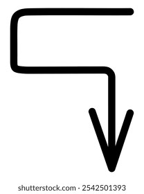 Arrow. Sketch. Black arrow forming a hook directed to the right and down. Hand drawn sign. Vector illustration. Outline on isolated white background. Doodle style. Idea for web design.