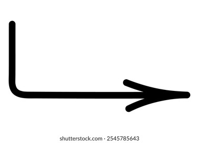 Arrow. Sketch. Black long arrow curved and directed to the right. Hand drawn sign. Vector illustration. Outline on isolated white background. Doodle style. Idea for web design.