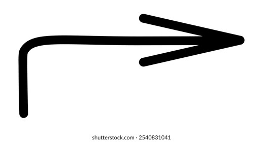 Arrow. Sketch. Black long arrow pointing to the right. Hand drawn sign. Vector illustration. Outline on isolated white background. Doodle style. Idea for web design.