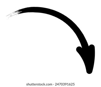 Arrow. Sketch. The black rounded arrow points down. Hand drawn sign. Vector illustration. Directional signs made from brush strokes. Outline on isolated white background. Doodle and grunge style.