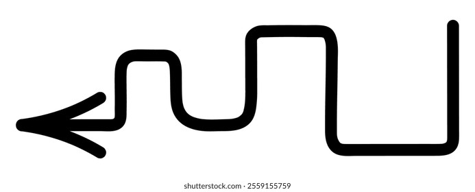 Arrow. Sketch. Black arrow twists like serpentine directed to the left. Hand drawn sign. Vector illustration. Outline on isolated white background. Doodle style. Idea for web design.