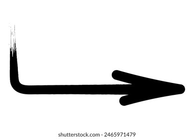 Arrow. Sketch. The long black arrow is curved and points to the right. Hand drawn sign. Vector illustration. Directional signs made from brush strokes. Outline on isolated white background. 