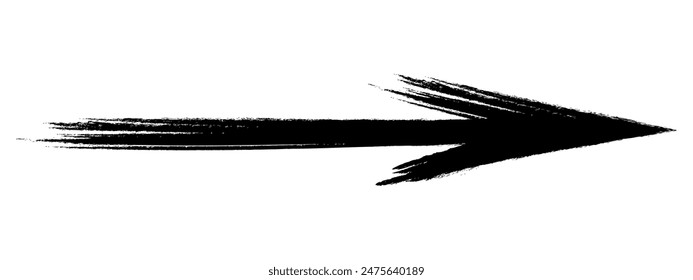 Arrow. Sketch. The long black arrow is pointing to the right. Hand drawn sign. Vector illustration. Directional signs made from brush strokes. Outline on isolated white background. Grunge style.