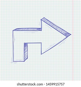 Arrow sketch. Next sign. Blue hand drawn doodle on lined paper background. Vector illustration