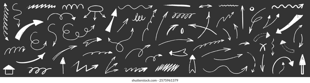 Arrow sketch with texture crayon chalk. Scribble hand drawn set arrow and underline white on black background. Underline crayon chalk set, Vector illustration