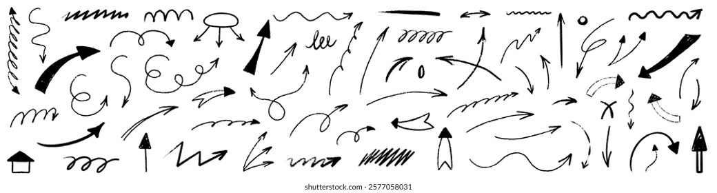 Arrow sketch with texture crayon chalk. Scribble hand drawn set arrow and underline black on white background. Underline crayon chalk set, Vector illustration