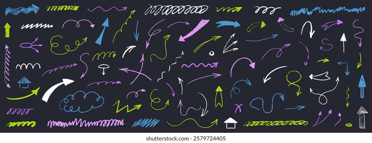Arrow sketch with texture crayon chalk. Scribble hand drawn set arrow and underline colorful on black background. Underline crayon chalk set, Vector illustration