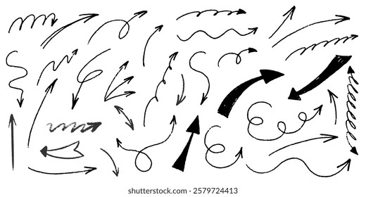 Arrow sketch with texture crayon chalk. Scribble hand drawn set arrow and underline black on white background. Underline crayon chalk set, Vector illustration