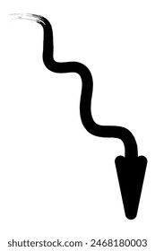 Arrow. Sketch. The wavy arrow goes down. Hand drawn directional sign. Vector illustration. Direction signs made from brush strokes Outline on an isolated white background. Doodle and grunge style. 