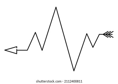 Arrow. Sketch. The zigzag symbol indicates the direction. Vector illustration. Outline on isolated background. Rhythmic pulse trace. Broken line. Illustration for web design.