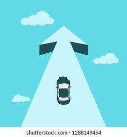 Arrow in the sky on which the car moves. Future, business vision, goal and motivation concept.