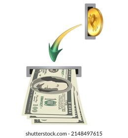 Arrow from slot with bitcoin points to slot with cash paper dollars. Concept of converting Bitcoin BTC coins to USD dollars cash. Vector illustration.