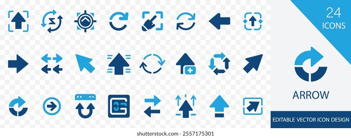 Arrow solid icon set. containing Direction, right, circle, transfer, increase, rotate, repeat, swap and more vector design