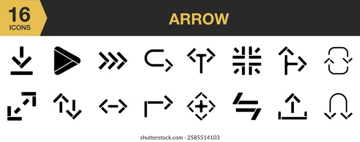 Arrow solid icon set. Includes Arrow, Forward, Right, Direction, Triangle, and More. Solid icons vector collection.