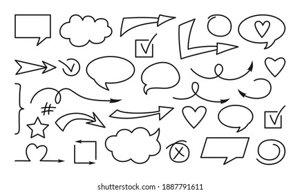 Arrow and speech bubble black line doodle set. Sign hand drawn collection different outline icon. Business cross, check mark design element. Shapes objects vector illustration