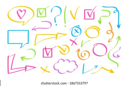 Arrow and speech bubbles. hand drawn design element set. Sign bright highlighter collection icon. Cross, check mark, interrogative and exclamation. Business shapes objects vector illustration
