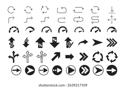 Arrow and Speedometer Icon Set - Directional and Navigation Vector Symbols. Vector illustration eps 10